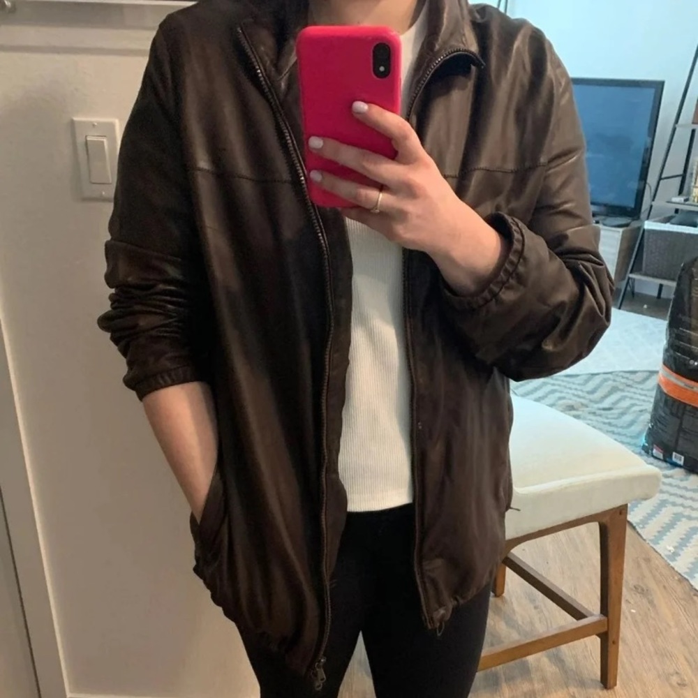 Brunello cucinelli dark brown leather jacket